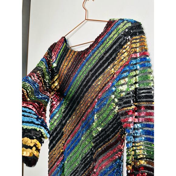 ALCOOLIQUE Peyton Tubolar Black Rainbow Stripe Sequin Mesh Backless Mini Dress10 - Picture 11 of 16